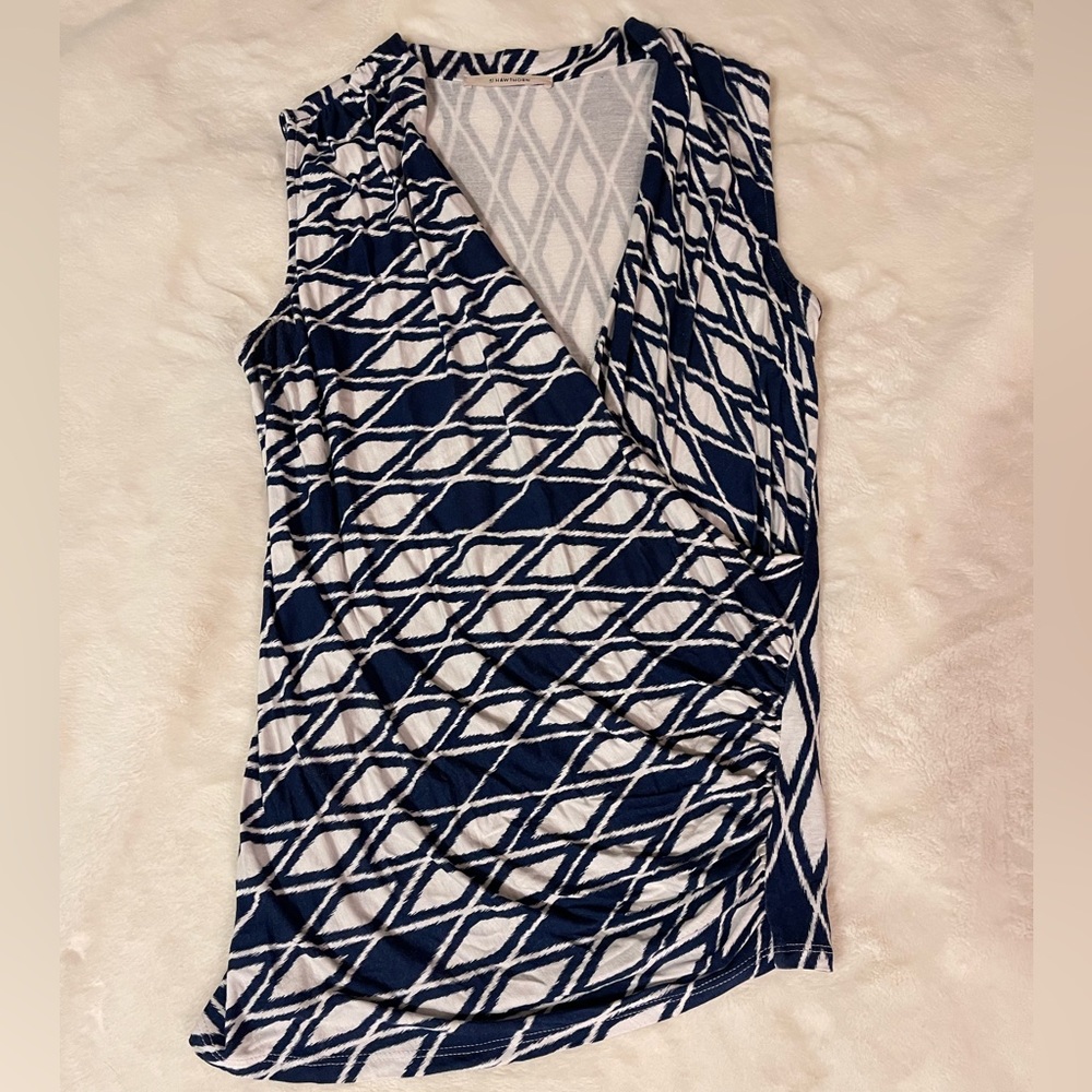 41 Hawthorn faux wrap sleeveless top, navy and cream, size M